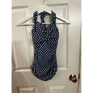 Girl Howdy Sandy Navy Blue Polka Dot Retro Style Swimsuit sz 8 EUC
